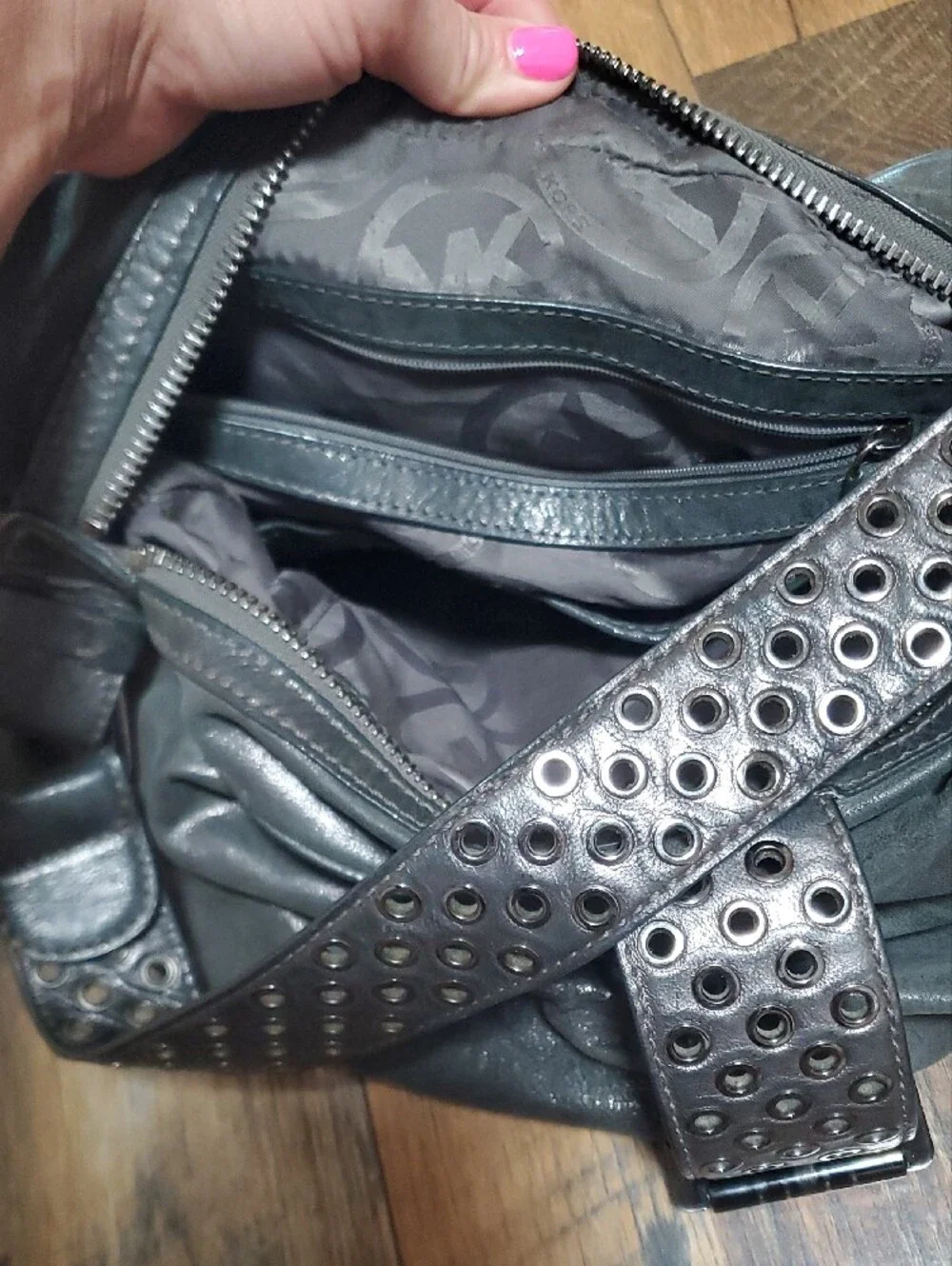 Michael Kors Studded Gray Leather Hobo Shoulder Bag
